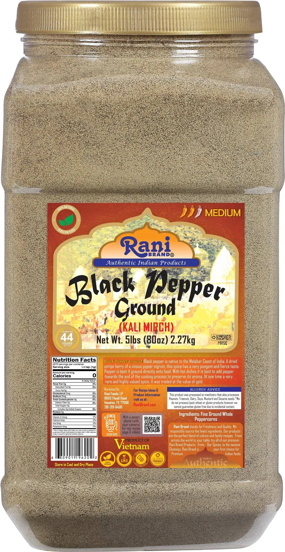 Rani Black Pepper Fine Powder 80 Mesh, 80oz (5lbs) 2.27kg Bulk PET Jar ~ All Natural | Vegan | Gluten Friendly | NON-GMO | Kosher