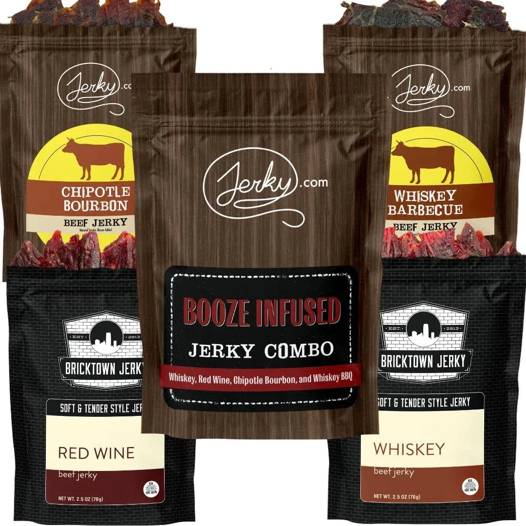 Jerky.com Booze-Infused Jerky Combo - Featuring Flavors Whiskey, Chipotle Bourbon, Whiskey BBQ, Red Wine Flavors - Great Gift for Men (4 Flavors - 2.5 oz. bags)