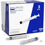 BH Supplies 3ml Luer Slip Tip Syringe with Caps (no Needle) Sterile, Individually Wrapped 100 Syringes