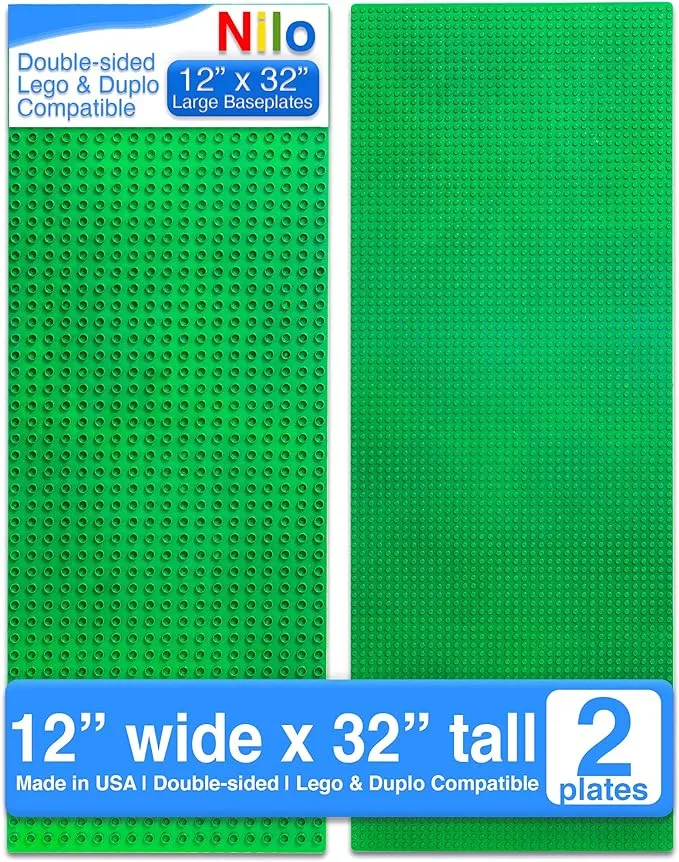 NILO Large Building Plates for Building Bricks, Classic Green Baseplate, 2-Pack 12"x32" Double-Sided, Compatible with All Major Building Blocks and Activity Tables, Base Plate