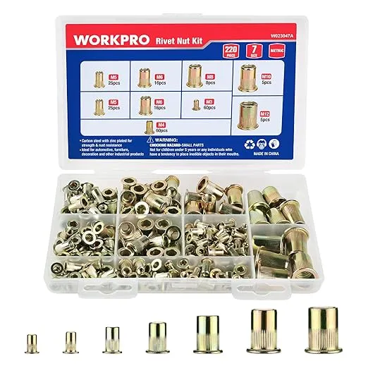 WORKPRO 220Pcs Metric Rivet Nuts, Zinc Plated Carbon Steel Flat Head Threaded Insert Nut with Knurled Body, Include Storage Case, 7 Sizes Rivnuts Assortment Kit-M3, M4, M5, M6, M8, M10, M12