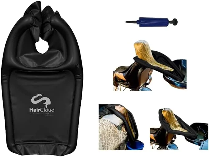 Inflatable Shampoo Funnel Cape for Washing Hair in Any Chair and Basin. Black Portable Tray Device to Use in Salon, at Home, Nursing Home or Hospital to Help Keep Clothes Dry! Pump Included!