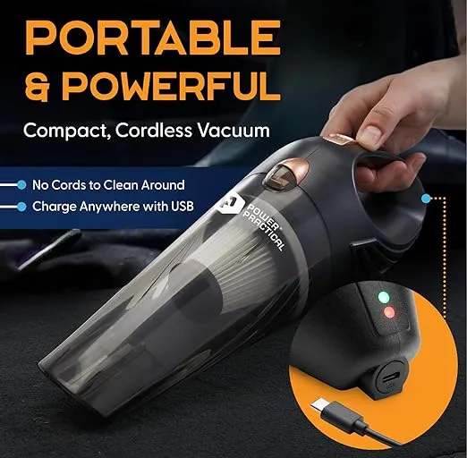 Power Practical Handheld Vacuum Cordless - Rechargeable Portable Car Vacuum W/Strong Suction- Small, Mini Vacuum Cleaner for Car, Couch, & Home - Aspiradora para Carro