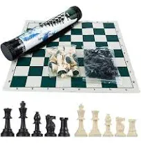 Tournament Chess Set: Portable and Professional Set with Travel Portable Plastic Tube Roll. Plastic Staunton Chess Pieces, Foldable Vinyl Chess Board.(Green, 13X13IN)