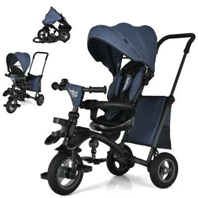 Costway 7-in-1 Kids Baby Tricycle Folding Steer Stroller w/ Rotatable Seat Blue