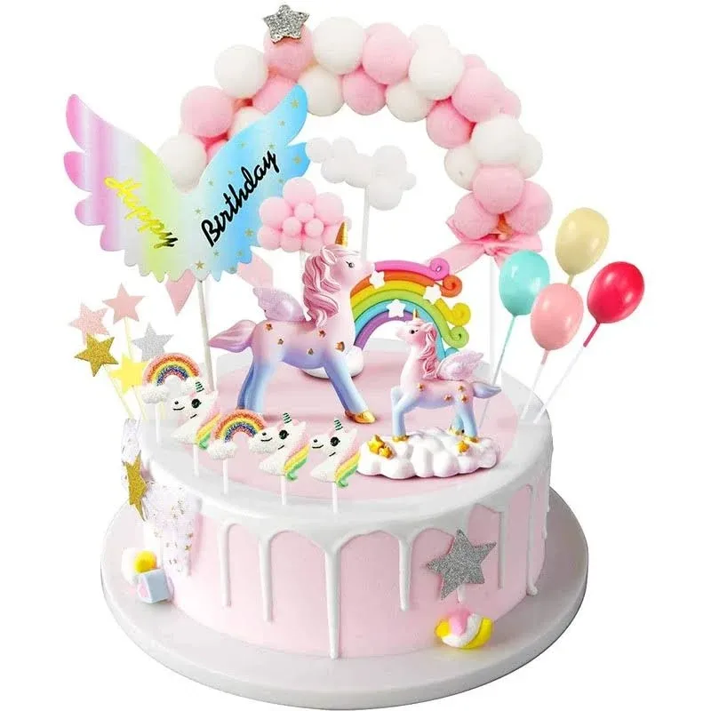 MOVINPE Unicorn Cake Topper, Magic Unicorns Sculpture, Pink Hairball Arch, Rainbow, Wings Birthday Banner, Cloud, Balloon, Stars, Little Unicorn Rainbows, Cake Decoration For Girl Kid Women Party