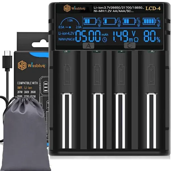 Universal 18650 Battery Charger, LCD4 Screen Can Display Capacity, 2a Fast 18650 Charger, Suitable for 3.7v Lithium Battery and 1.2v Ni-Mh/Ni-Cd AA AAA Battery (LCD-4)