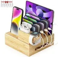 Darfoo Bamboo Charging Station for Multiple Devices Wood Family Charging Station with 7 USB Ports and 1 Watch-Earbud Stand for Phones Tablets Smart