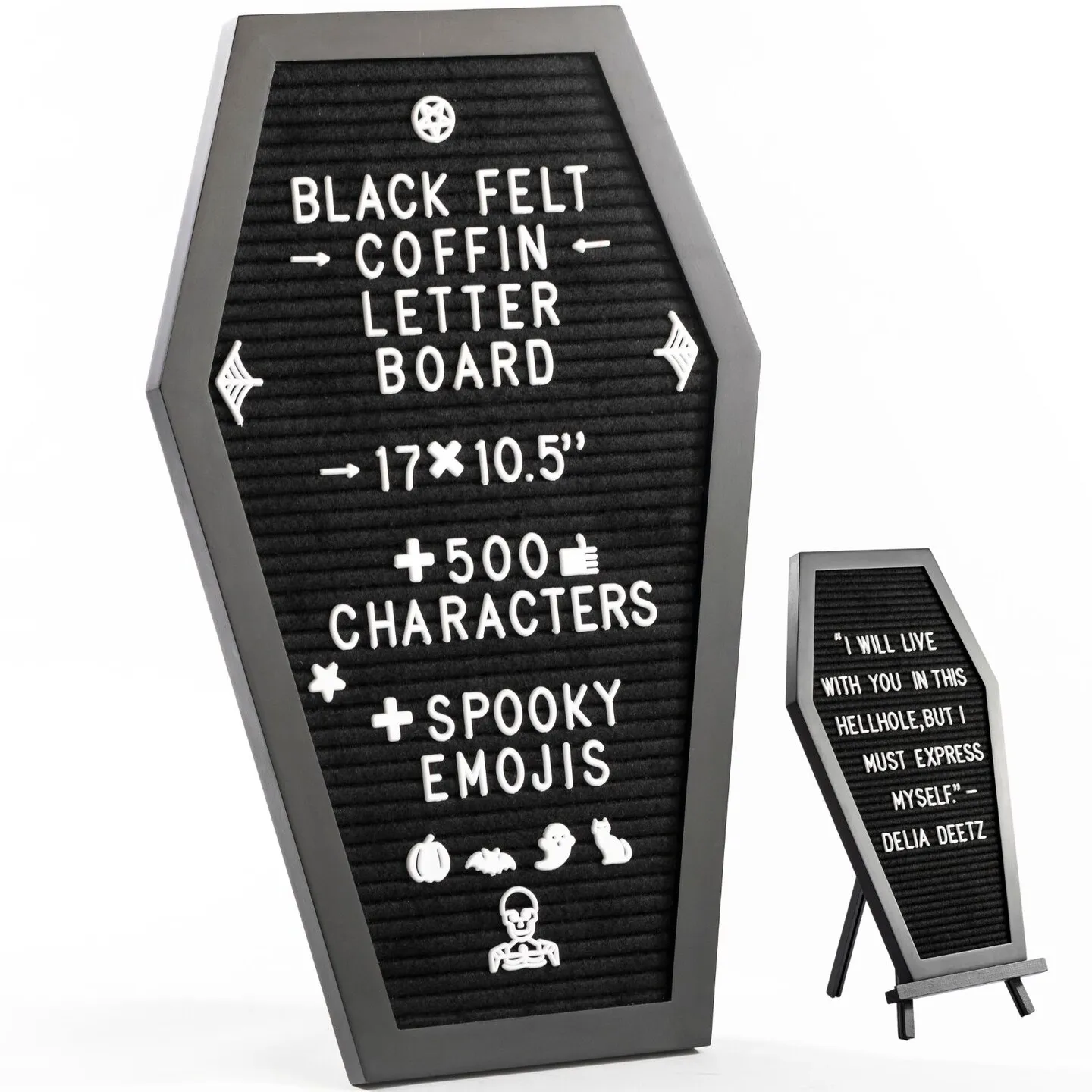 Nomnu Coffin Letter Board with Spooky Emojis, +500 Characters, Wooden Stand - Halloween Decorations Halloween Decor Halloween Gifts - 17x10.5 Inches