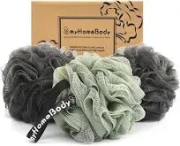 myHomeBody Large 70g Loofah Sponge, Body Scrubber, Bath Sponge, Loofah for Women, Men, Exfoliating Sponge Shower Pouf with Activated Charcoal - 3 Pack, 2 Sage Green + 1 Graphite Gray