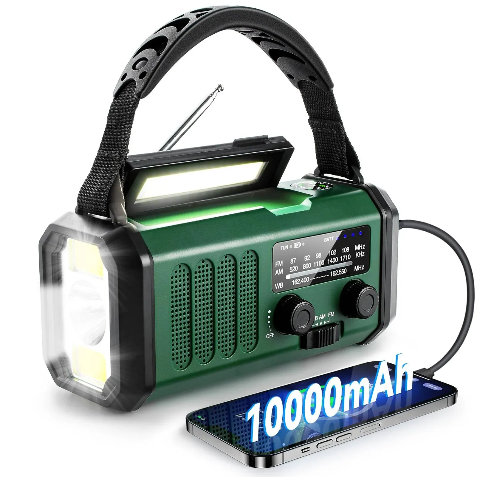 Emergency Solar Hand Crank Weather Radio 10000mAh Power Bank Charger Flash Light