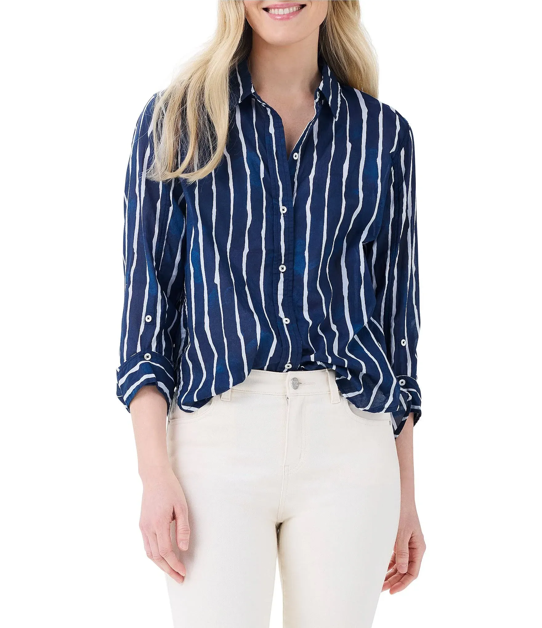 NIC+ZOE Watercolor Stripe Girlfriend Shirt L / Indigo Multi