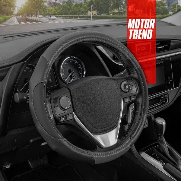 Motor Trend Gripdrive Faux Leather Steering Wheel Cover with Gray Carbon Fiber Accent – Universal Fit Black Steering Wheel Cover