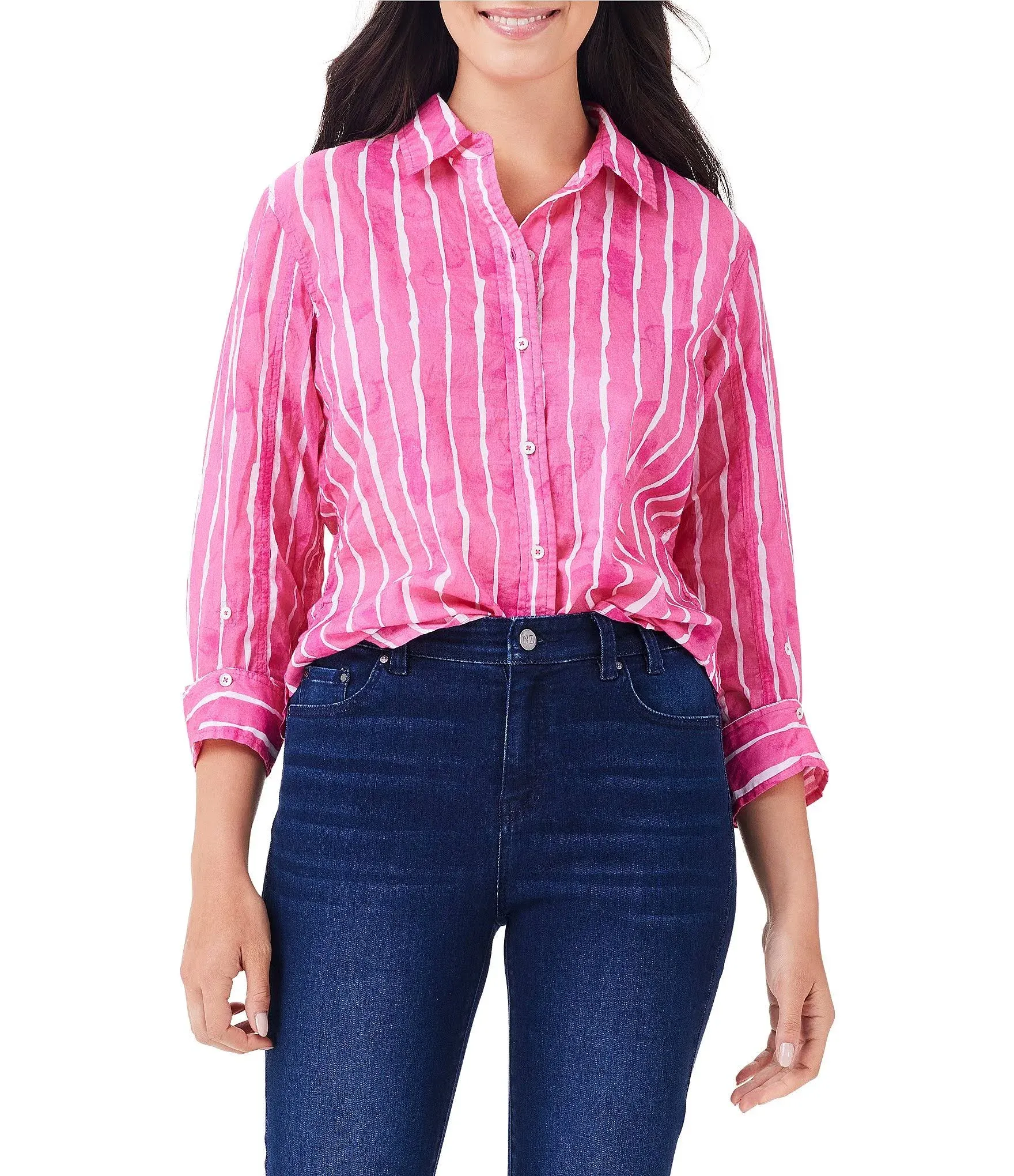 NIC+ZOE M241628 Watercolor Stripe Girlfriend Shirt Pink Multi / XS