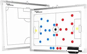 Soccer Innovations Double Sided Aluminum Magnetic Coaches Tactic Board with Wall Hanging Clips | Player Magnets & Pen Included | Dry Erase Board | Full Field & Half Field