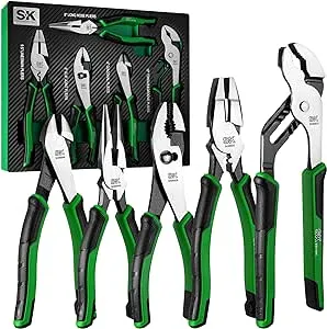 SK 5-Piece Pliers Set, 8" Long Nose Pliers, 9.5" Linesman Pliers, 8" Slip Joint Pliers, 8" Diagonal Pliers, and 10" Groove Joint Pliers, Premium CR-V Construction, with EVA Foam Tool Organizer