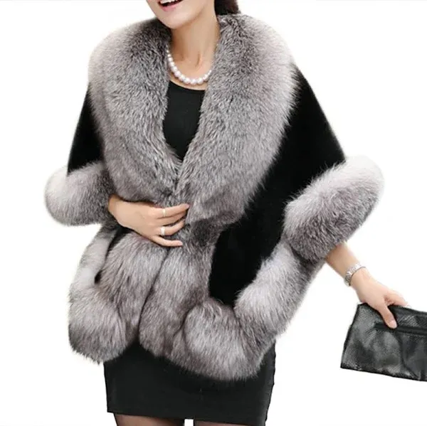 Old Dlrd Women&#039;s Winter Faux Fur Coat Wedding Bride Cloak Cape Shawl for Evening