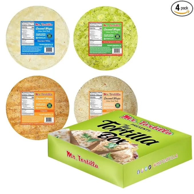 Mr. Tortilla Gourmet Wraps - Artisan Flour Tortillas, Small Batch Zero Cholesterol Snack, Kosher, Vegetarian - Authentic Mexican Snacks (8-Count Bags (Pack of 4), Honey Wheat)