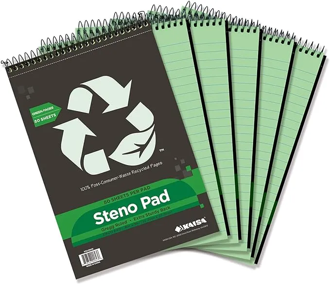 KAISA Steno Pad Notebook, Recycled Paper Gregg Ruled 6&#034; x 9&#034; Green Paper Note...