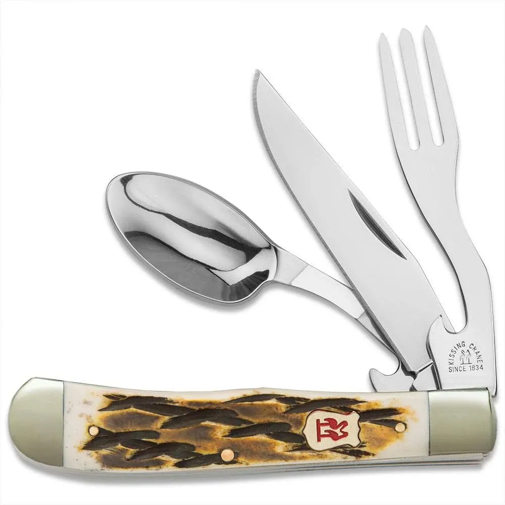 Bone Handle Camp Dining Tool | Multi-Purpose Camping Utensil | CrMoV17 Stainless Steel | Genuine Bone Handle | Pocket Knife | 7 1/2" Open