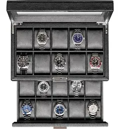 ROTHWELL 20 Slot Leather Watch box - Luxury Watch Case Display Jewelry Organizer, Locking Watch Display Case Holder with Large Real Glass Top - Watch Box Organizer for Men and Women (Black/Grey)