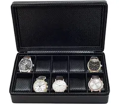 24 Slot Watch Briefcase Black Carbon Fiber Zippered Travel Storage Case