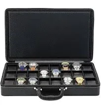 24 Slot Watch Briefcase, Black Carbon Fiber Zippered Travel Storage Case