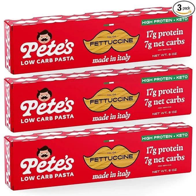 Pete's Pasta 3 Pack Fettuccine Noodles Pasta 8oz – 7g Low Carb Pasta – 17g High Protein Pasta, Authentic Italian Keto Pasta Noodles, Healthy Low Calorie Fettuccine Pasta, Wheat Pasta from Italy