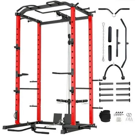 Vanswe Power Cage with LAT Pulldown Attachment, 1200-Pound Power Rack Home Gym, Size: 47.6, Red