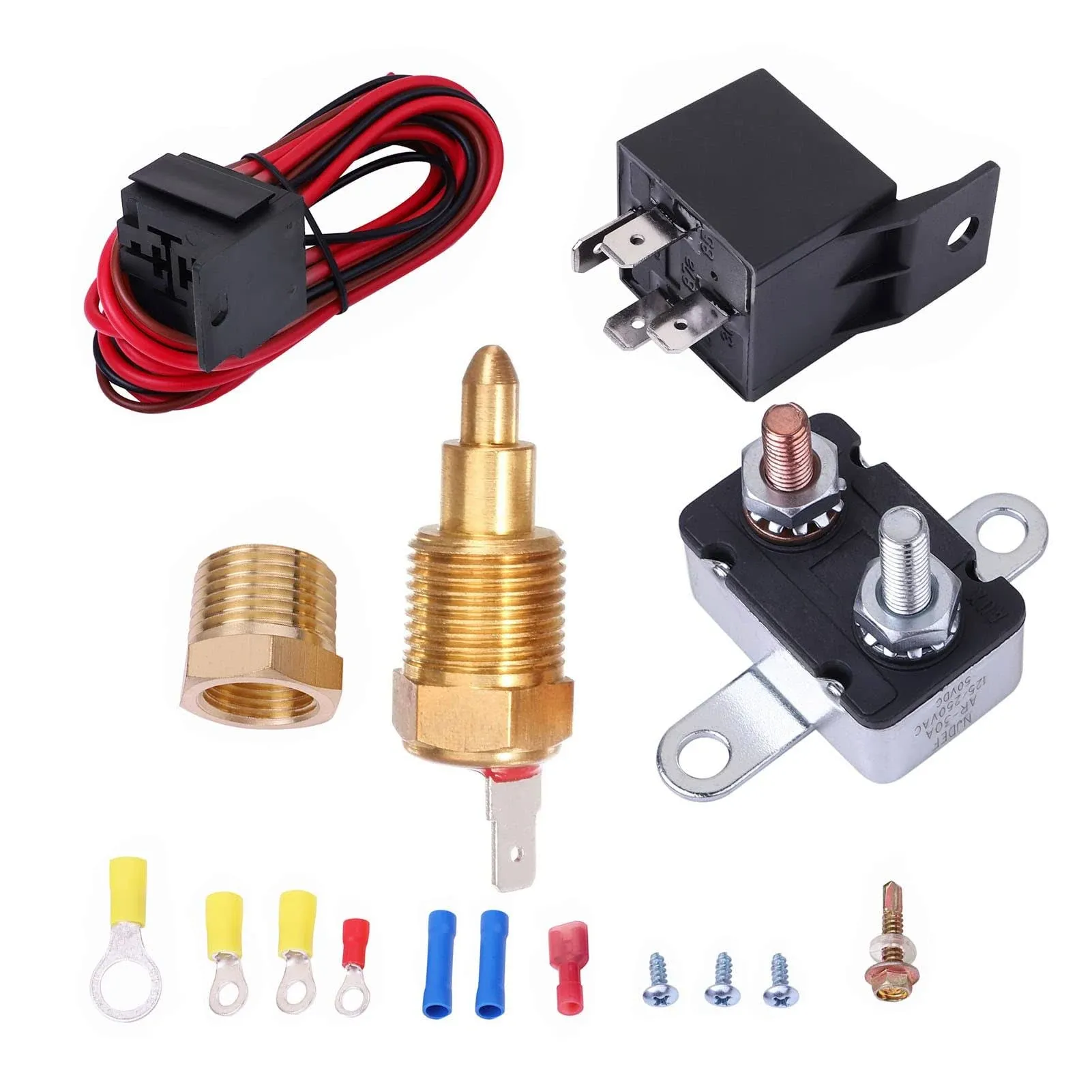 185-200 Degree Electric Cooling Fan Thermostat Kit Electric Fan Relay Kit Temp Sensor Temperature Switch 50 60 AMP Relay Kit