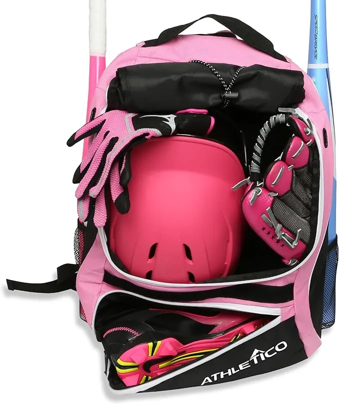 Athletico Softball Bat Bag - Backpack for Softball, Baseball, & T-Ball Equipment & Gear for Kids, Youth, and Adults | Holds Bat, Helmet, Glove, & Shoes | Separate Shoe Compartment, & Fence Hook