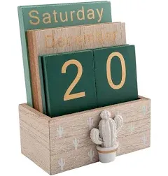  Perpetual Calendar, Wooden Calendar for Home Office Desk Green cactus