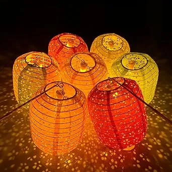 12pcs Chinese Paper Lanterns with LED Lights, Hollow Out Hanging Asia Japanese Paper Lamps with Tassels Walking Sticks 8 in Lanterns for Chinese New