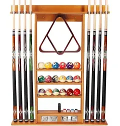 GSE Games & Sports Expert Pool Cue Stick Hanging Wall Mounting Rack with Score Counter,Hold 8 Pool Cue Stick ,Billiard Ball and Rack Mahogany