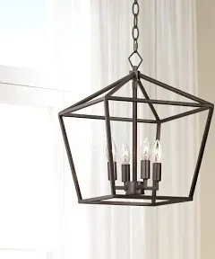 Franklin Iron Works Queluz Bronze Pendant Chandelier 13 inch Wide Industrial Rustic Geometric Cage 4-Light Fixture for Dining Room House Kitchen