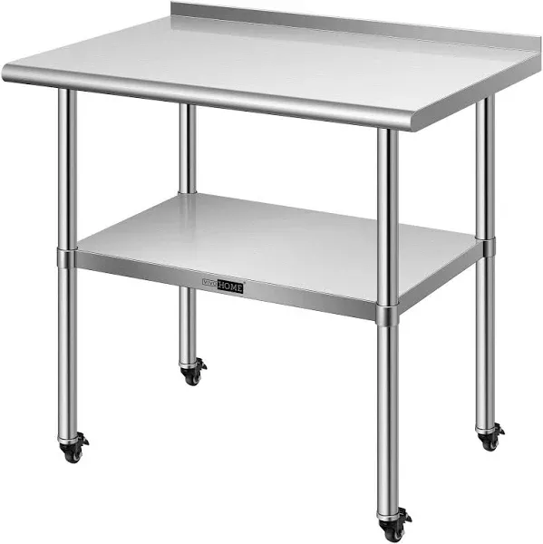 VIVOHOME 24 x 36 Inch Stainless Steel Work Table with Backsplash, Prep Commercial Table with Wheels for Restaurant, Hotel, Home and Warehouse