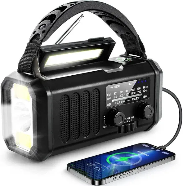 10000mAh Solar Radio, Crank Radio, Emergency Radio, NOAA/AM/FM Weather Radio, USB Type-C Charging,Dynamo Radio,Polymer Battery,Torch & LED Reading Light, SOS Alarm,Compass for Camping