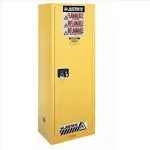 Justrite 22 Gallon Manual Close Slimline Flammable Storage Cabinet, 18 Gauge Steel, 3 Shelves, 2 Door Fire Cabinet, 65" x 23" x 18", Made in The USA, Yellow, 892200