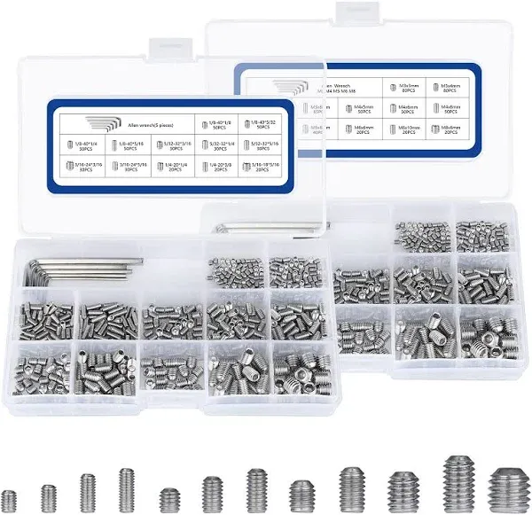 1000pcs Metric + SAE Set Screw Assortment Kit, Internal Hex Drive Cup-Point Allen Screws Set 304 Stainless Steel Grub Screw (M3-M8, 1/8""-40 to 5/16""-18)