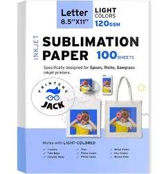 Printers Jack Sublimation Paper - 8.5 x 11 Inches, 100 Sheets 120gsm for Any Epson Sawgrass Inkjet Printer with Sublimation Ink, Heat Transfer