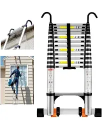 Telescoping Ladder, 12.5FT Aluminum Lightweight Portable Telescopic Ladder, Stabilizers & Wheels, Heavy Duty 330lbs Max Capacity,Extension Ladder for Roofs, RVs, Outdoor-Black