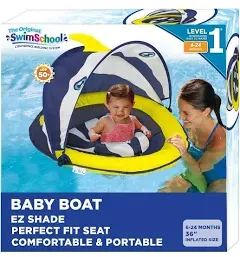 SwimSchool Perfect Fit BabyBoat w/ Sunshade Level 1 Fish Pool Float, Navy/White