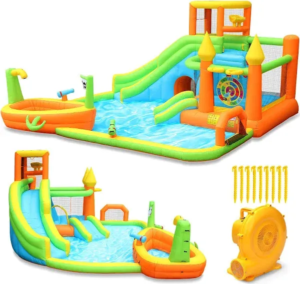 Inflatable Water Slide Park, Large Water Bouncer Castle Fun Bouncy House with...