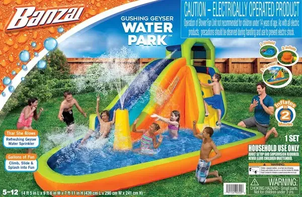 Banzai Gushing Geyser Water-Spraying Inflatable Outdoor Water Park with Water Slide, Overhead Sprinkler, Spraying Hose, and Splash Pool, Multicolor