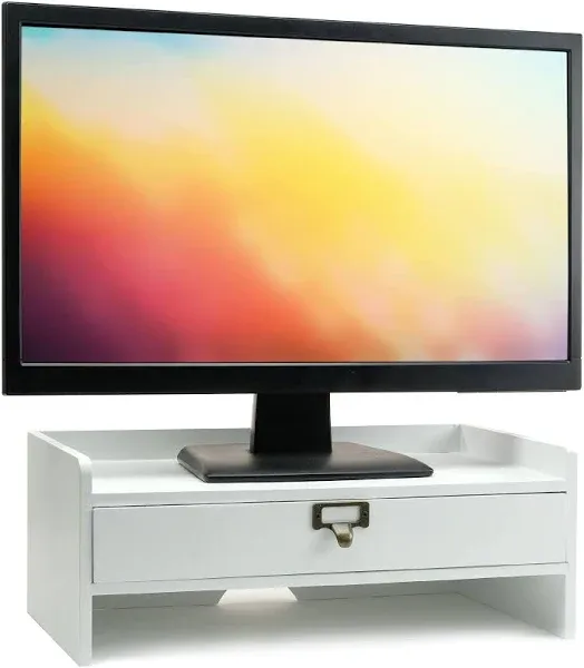 Excello Global Products Wooden Monitor Stand: Includes Drawer for Desktop Organization of Notebooks, Pens, Pencils & Office Supplies (White)