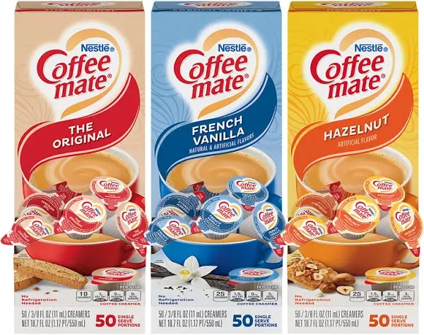 Coffee Mate Liquid Coffee Creamer French Vanilla/Hazelnut/Original 0.38 oz Mini Cups 150