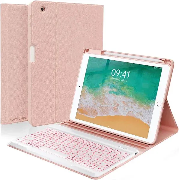 BLUTLOTUS Keyboard case for iPad 9.7 Inch Air 2, iPad 5th/ 6th Generation (2017/2018) with Keyboard Detachable, 7 Color Wireless Backlit Keyboard, Smart Folio Cover with Pencil Holder(Pink)