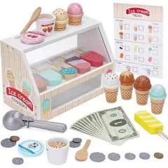 Wooden Ice Cream Counter Playset for Kids, Toddler Girl Toys Kitchen Playset Pretend Play Gifts for 3 4 5 6 Year Old Girl or Boy, Play Food Scoop and Serve, Play Kitchen Sets for Kids Ages 4-8