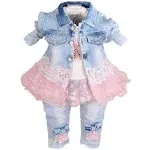 Yao Baby Girls Denim Clothing Sets 3 Pieces Sets T Shirt Denim Jacket and Jeans