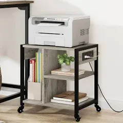 GARVEE Printer Stand with Charging Station + Home Office Desktop + 3 Tier Heavy Duty + MDF Board + Rolling Casters + Rustic Grey + Small Space